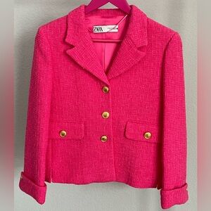 🩷NWOT🩷 - ZARA Textured Tweed Pink Blazer with Golden Buttons